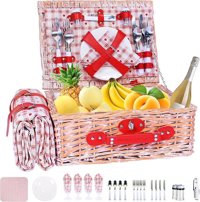Picnic Basket Set for 4 with Waterproof Blanket Mat Insulation Bag Wicker Floral Pink Red Love Plaid Cute Kawaii Gift for Wedding Birthday Summer Camp Outdoor Camping Beach Travel Christmas