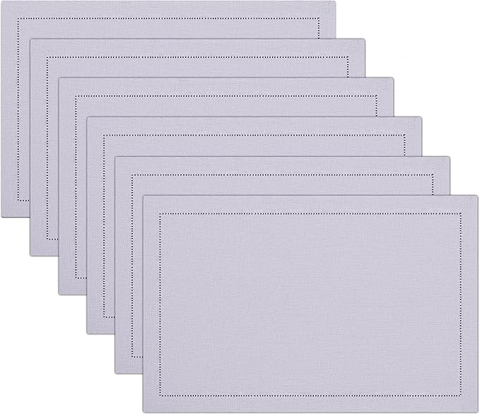 Ruvanti Linen Placemats Set of 6-13x19 Inch, Classic Hemstitch, Heat ‎Resistant Machine Washable Place Mats, Soft & Elegant- Perfect for Christmas, ‎Thanksgiving, Weddings, Dinner - Lavender Grey