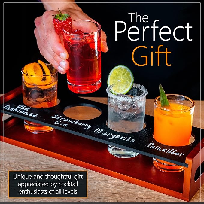 Flight Board with Glasses – Drink Flight Set for Bartesian Capsules – Mimosa and Cocktail Tasting Tray - Bartender Accessories and Hosting Essentials