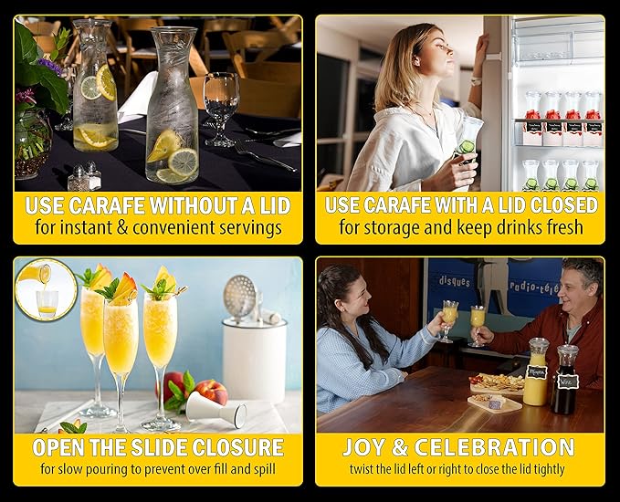 AYL Set of 4 Glass Carafes with Lids (1 Liter) – Clear Glass Water Pitchers and Beverage Serveware for Mimosa Bars, Brunch, Parties, Wine, Juice, Milk, Iced Tea, and Lemonade with Easy-Pour Spout Lids