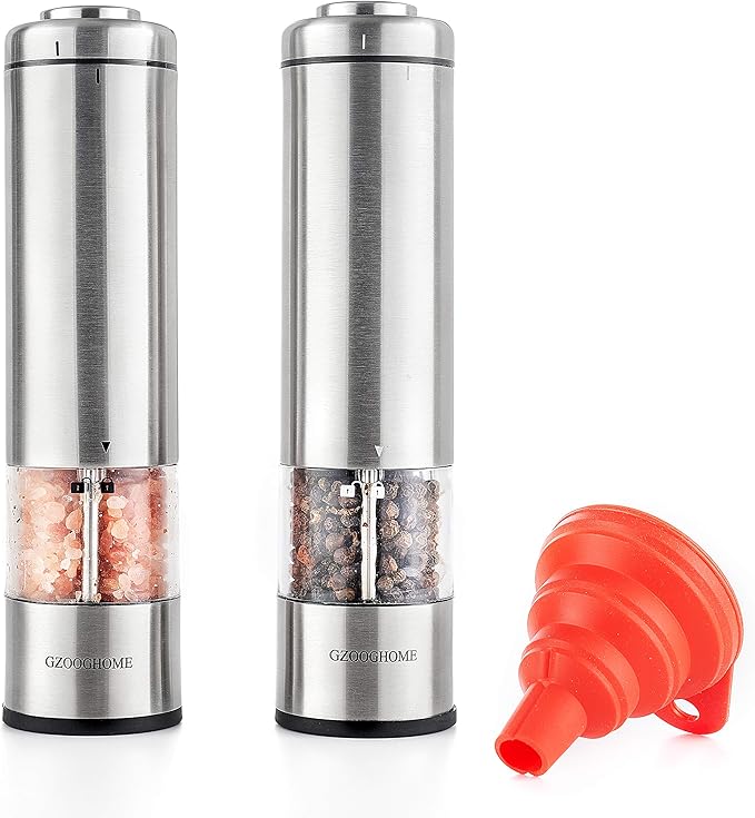 Electric Salt and Pepper Mill Grinder Set (Do Not Use Rechargeable Batteries), Battery Operated Automatic One Handed Pepper Salt Mill with Funnel and Adjustable Coarseness