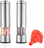 Electric Salt and Pepper Mill Grinder Set (Do Not Use Rechargeable Batteries), Battery Operated Automatic One Handed Pepper Salt Mill with Funnel and Adjustable Coarseness