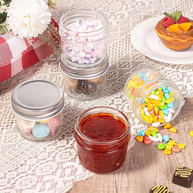 Amzcku 4 oz Glass Mason Jars with Regular Mouth Lids - 24-Pack Glass Canning Jars for Storage, Overnight Oats, Jam, Jelly, Honey, Beans, Spices, Wedding Favors, Shower Favors