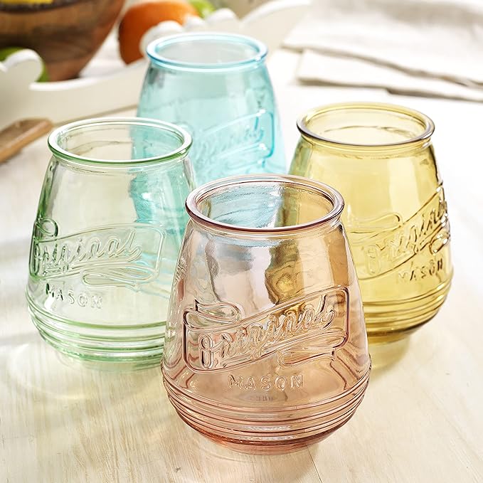 Wine Glasses Set Of 4 Assorted Colored Stemless Glasses 21 OZ. Original Mason Large Wine Cup, Red and White Wine Drinking Water Glasses. Juice, Cocktails, Smoothies, Vintage Bar