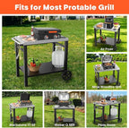 Outdoor Grill Table Cart, Movable Dining Cart, Pizza Oven Table Stand with Wheels Double-Shelf Movable Food Prep and Work Table, Fits for Ninja Ooni Blackstone Weber Q, 33.5"×21" Stainless Steel