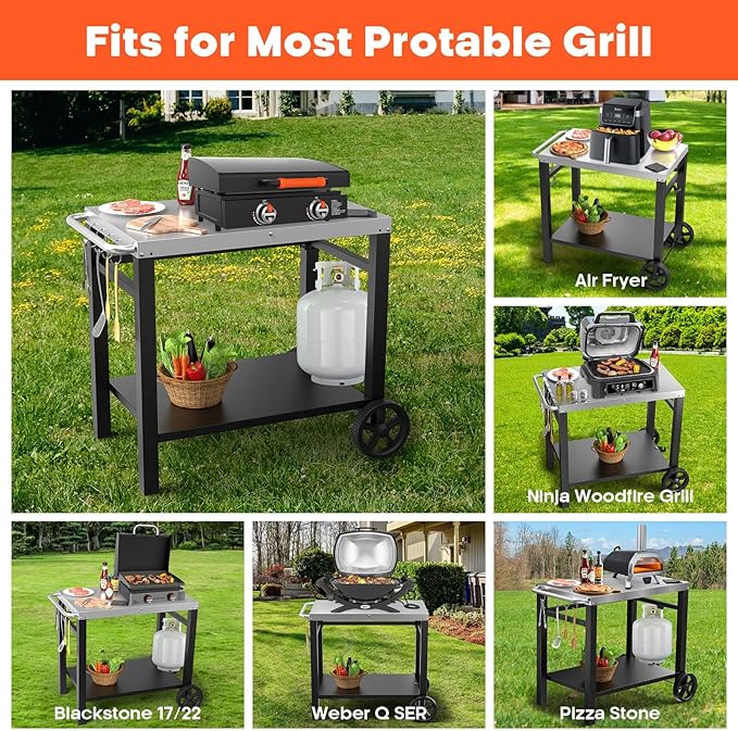Outdoor Grill Table Cart, Movable Dining Cart, Pizza Oven Table Stand with Wheels Double-Shelf Movable Food Prep and Work Table, Fits for Ninja Ooni Blackstone Weber Q, 33.5"×21" Stainless Steel