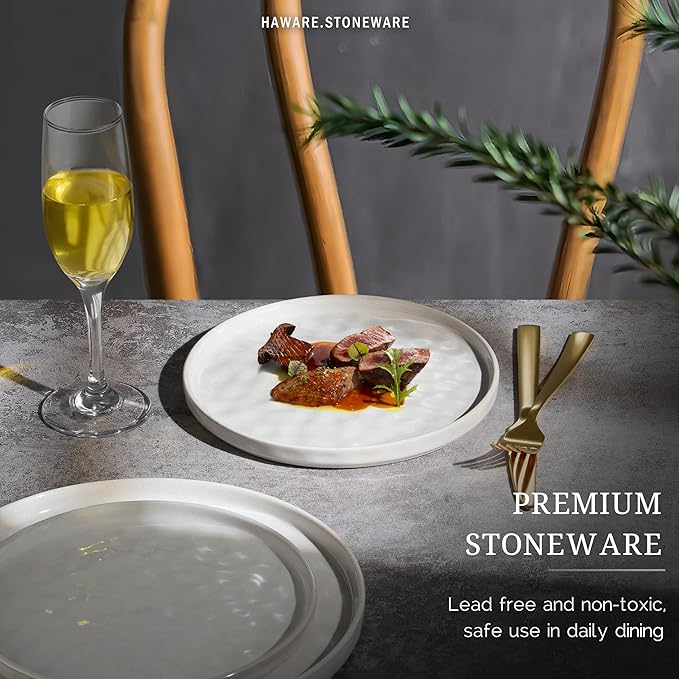 HaWare Stoneware Plates Set of 6, 7.9" Salad Plates, Reactive Glaze Ripple Ceramic Dish Set for Appetizer, Dessert, Scratch Resistant, Small Dinner Plate, Microwave and Dishwasher Safe, Speckled White