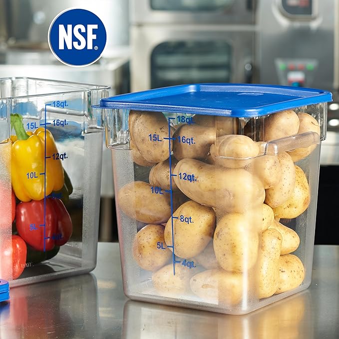 CURTA 4 Pack Food Storage Containers with Blue Lids - NSF Listed Commercial Grade in 18.0 Qt - Square, Clear, Polycarbonate