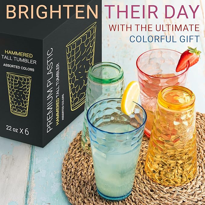 Hammered Plastic Drinking Tumbler, Dishwasher-Safe Premium Quality Water Glasses, BPA-Free Reusable Mixed Colors Assorted Stackable Cups, 22 oz Set of 12