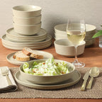 Gibson Elite Overbrook 16-Piece Pottery Clay Stoneware Dinnerware Set – White Reactive Glaze, Stackable Plates and Bowls w/Pasta Bowl, Service for 4 – Microwave & Dishwasher Safe
