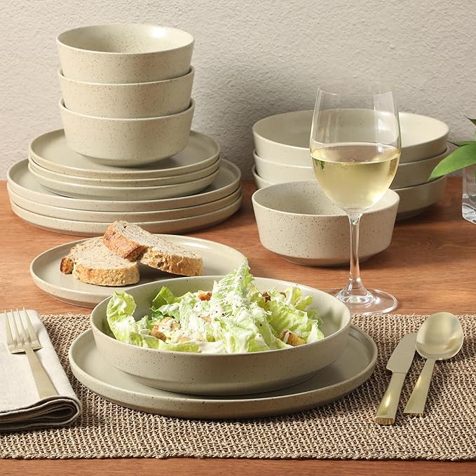 Gibson Elite Overbrook 16-Piece Pottery Clay Stoneware Dinnerware Set – White Reactive Glaze, Stackable Plates and Bowls w/Pasta Bowl, Service for 4 – Microwave & Dishwasher Safe