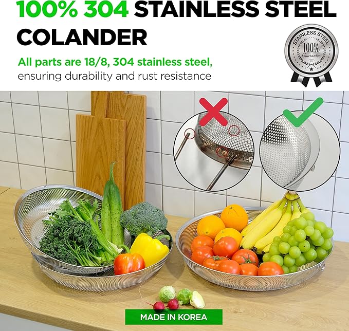 Premium 18/8 304 Stainless Steel Large Colander Set of 3, Comfortable Micro-Perforated Shallow Strainers, 5.5-7-10 Quart Tray Set, Self-Draining Solid Base for Pasta, Fruits, Vegetables