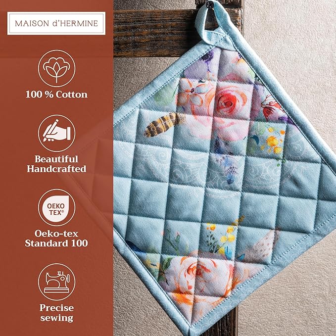Maison d' Hermine Pot Holders Set 100% Cotton Heat Resistant Potholders 8" x 8" Hot Pads with Loop BBQ, Cooking, Baking, Grilling, Kitchen, Handling Hot Pans Spring/Summer (Pack of 2, Ibiza)