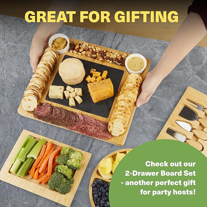 Dynamic Gear Charcuterie Boards with Drawers - Expandable Bamboo Cheese Board Set with Stainless Steel Utensils, Ceramic Bowls, Serving Trays, Utensil Drawer, and Appetizer Tray - 4 Hidden Drawers