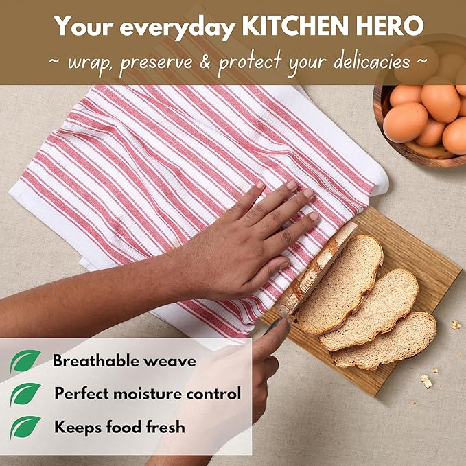 Native Fab 100% Cotton Red Kitchen Towels - 16x26 inches - Set of 4 - Basket Weave Stripe Dish Towels for Cleaning, Drying Dishes, Absorbent Dish Cloths Set with Hanging Loop - Red White