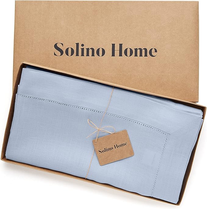 Solino Home Linen Sky Blue Tablecloth 60 x 108 Inch - Classic Hemstitch, 100% Pure Linen Rectangular Tablecloth - Machine Washable Table Cloth for Summer