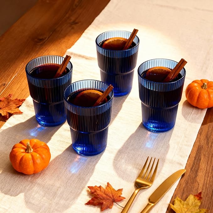 Blue Ribbed Glass Set of 4 14oz Highball Glass Stackable Vintage Durable for Water, Seltzer, Sparkling, Elegant Everyday Glassware