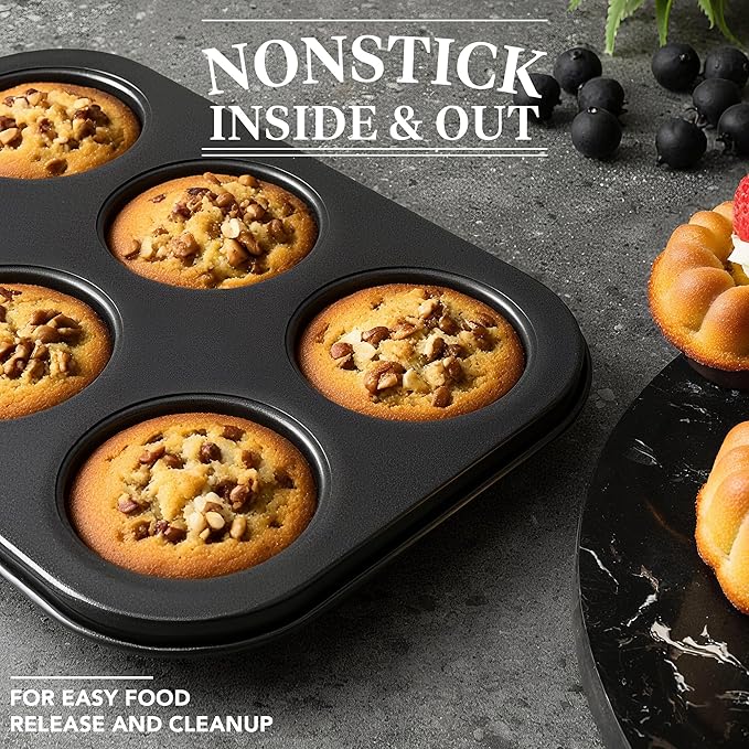 Tiawudi Mini Fluted Tube Cake Pan, 6 Cavity Bundt Cake Baking Pan, Non-stick Baking Mold for Cupcakes, Donuts, Cornbread, Brownies, Jellies, Set of 3