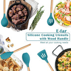 E-far Silicone Cooking Utensils Set, 5-Piece Kitchen Utensils Set with Wooden Handle for Cooking, Silicone Kitchen Nonstick Tools Spatula Turner Slotted Spoons, Nontoxic & Heat Resistant-Blue