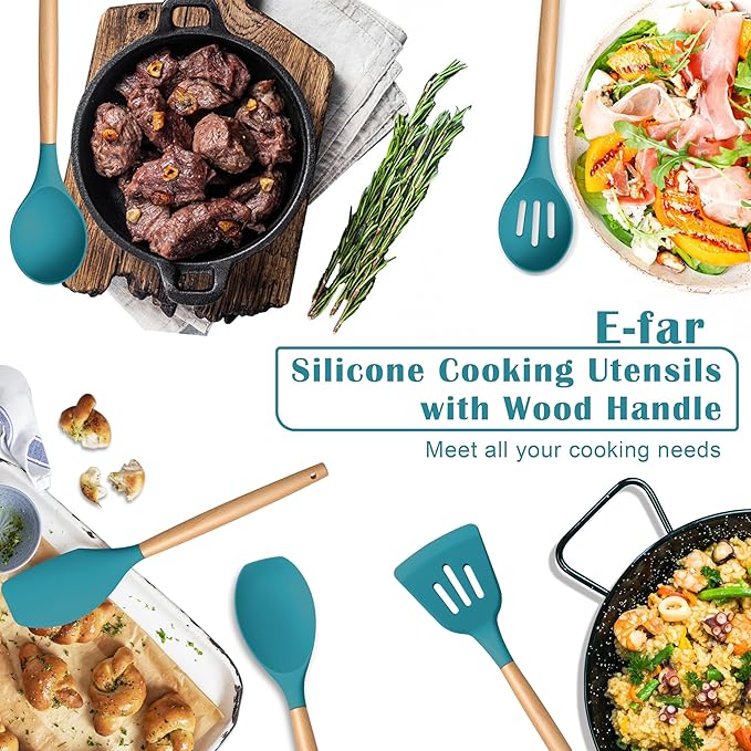 E-far Silicone Cooking Utensils Set, 5-Piece Kitchen Utensils Set with Wooden Handle for Cooking, Silicone Kitchen Nonstick Tools Spatula Turner Slotted Spoons, Nontoxic & Heat Resistant-Blue