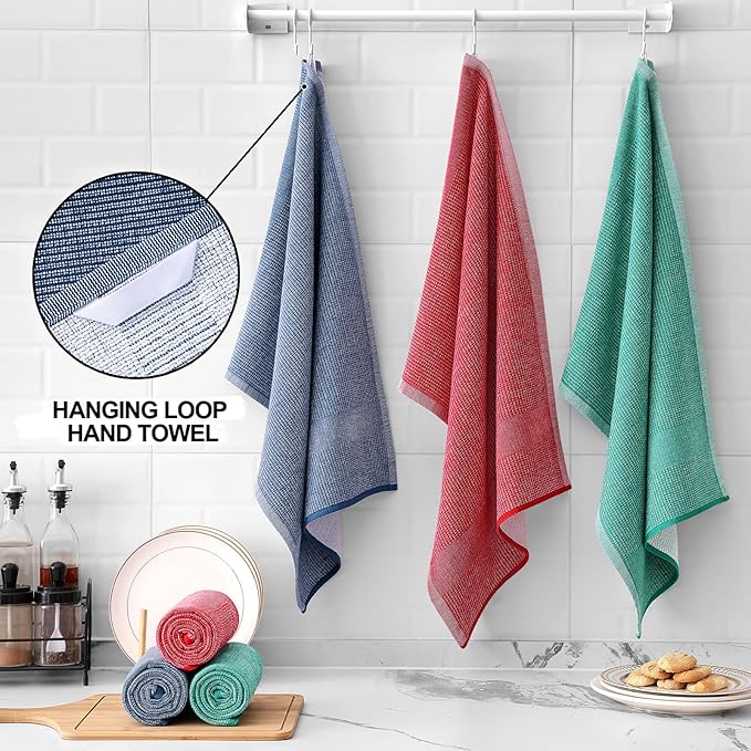 Homaxy Premium Kitchen Towels(18”x 28”, 6 Pack), Large Cotton Kitchen Hand Towels, Flat and Terry Dish Towels, 380 GSM Highly Absorbent Tea Towel Set with Hanging Loop, Navy Blue/Red/Green