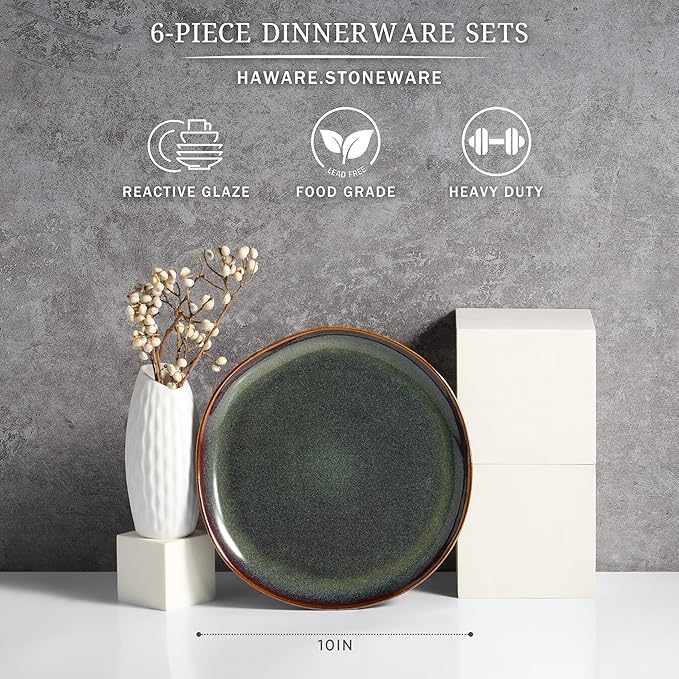 HaWare Stoneware Salad Plates Set of 6, 7.9” Heavy Duty Ceramic Plates, Reactive Glaze Dinnerware for Home Restaurant, Chip and Scratch Resistant, Microwave and Dishwasher Safe, Reactive Moss Green