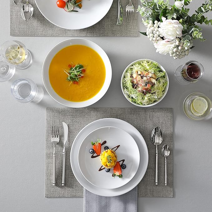 MALACASA 24-Piece Gourmet Porcelain Dinnerware Sets, Modern White Round Dish Set for 6 - Premium Serving Plates and Bowls Sets for Dessert, Salad, Soup, Pasta - Series AMELIA