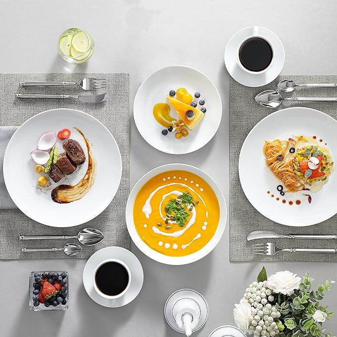 MALACASA 30-Piece Gourmet Porcelain Dinnerware Sets, Modern White Round Dish Set for 6 - Premium Serving Plates and Bowls Sets for Dessert, Salad, Soup, Pasta - Series AMELIA