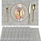 Placemats Set of 8 - Easy Clean Washable Vinyl Placemats - Wipeable Heat Resistant Table Mats for Dining Table - 17.7x11.8 Inch (8, Black & White Two-Tone)