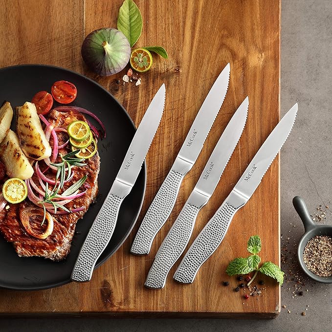 McCook® Premium Knife Sets,Full Tang Hammered German Stainless Steel Kitchen Knife Set with 8 Pieces Steak Knives and Acacia Block
