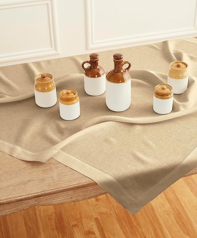 Solino Home Linen Square Tablecloth 52 x 52 Inch - 100% Pure Linen Beige Table Throw - Classic Hemstitch, Machine Washable Table Cloth for Summer, Fall, Autumn