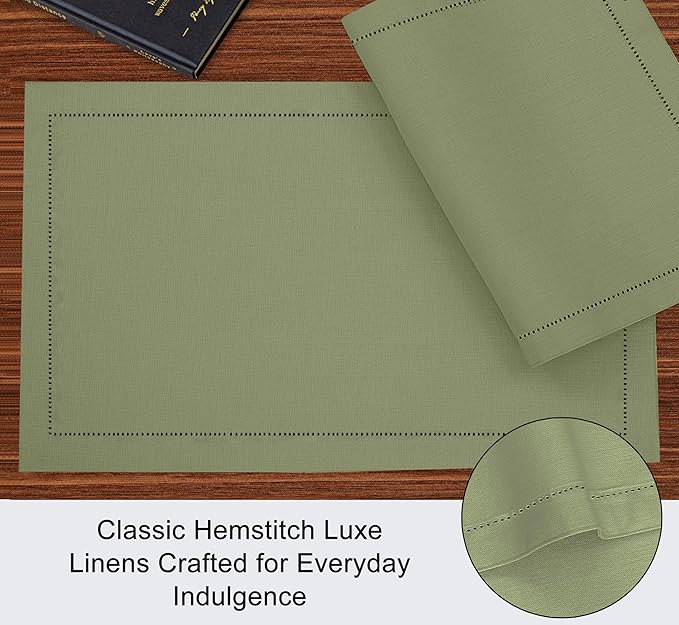 Ruvanti Linen Placemats Set of 6-13x19 Inch, Classic Hemstitch, Heat ‎Resistant Machine Washable Place Mats, Soft & Elegant- Perfect for Christmas, ‎Thanksgiving, Weddings, Dinner - Martini Olive