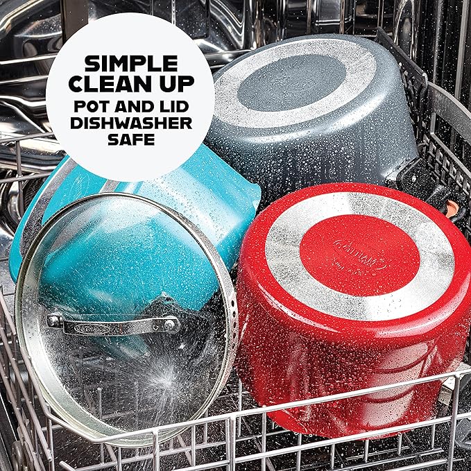 Gotham Steel 5 Quart Stock Pot Ceramic Multipurpose Pasta Pot with Strainer Lid & Twist and Lock Handles, Tempered Glass Lid, Dishwasher Safe, Aqua Blue