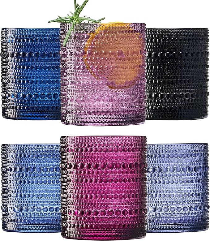Hobnail Beaded Highball Drinking Tumbler Glasses | Set of 6 | Color, Vintage Bubble Design Whiskey Glassware, Old-Fashioned, Embossed Design for Water, Wine, Cocktail Embossed Heavy Glas, Rocks Glass