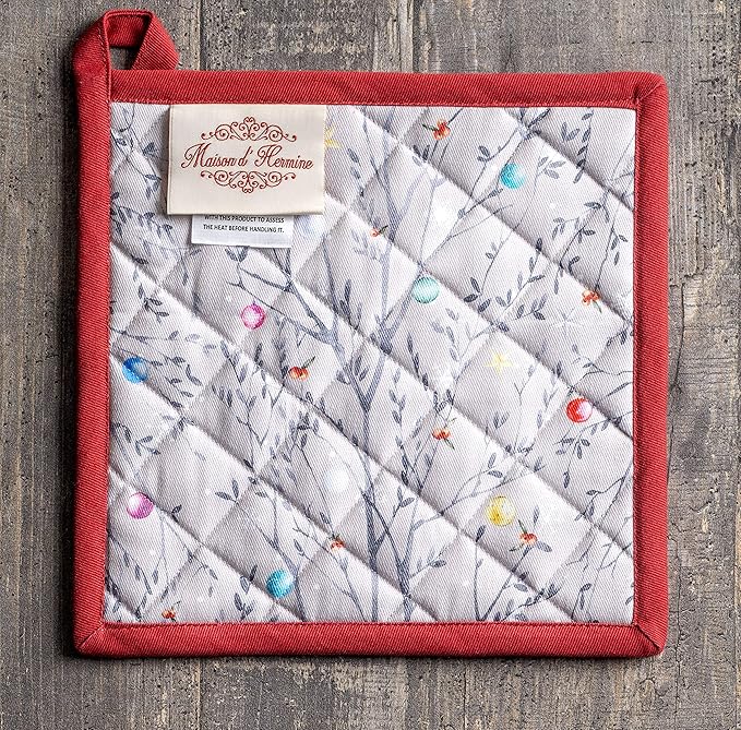 Maison d' Hermine Pot Holders Set 100% Cotton Heat Resistant Potholders 8" x 8" Hot Pads with Loop BBQ, Cooking, Baking, Grilling, Kitchen, Handling Hot Pans (Pack of 2, Fairy Christmas)