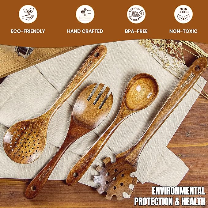 Wooden Spoons for Cooking Utensils, Natural Teak Wooden Cooking Spoons with Nonstick Spatula Set, Bamboo Kitchen Utensils With Holder, Wood Spoon Set for Kitchen Essentials (12)