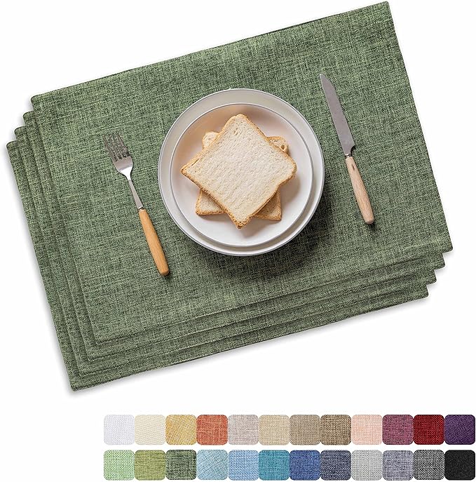 Home Brilliant Linen Cloth Placemats Set of 4 Heat Resistant Dining Table Place Mats Table Mat Kitchen for Wedding Holiday Parties Decor, Green