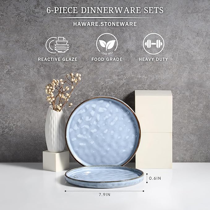 HaWare Stoneware Plates Set of 6, 7.9" Salad Plates, Reactive Glaze Ripple Ceramic Dish Set for Appetizer, Dessert, Scratch Resistant, Small Dinner Plate, Microwave and Dishwasher Safe, Reactive Blue