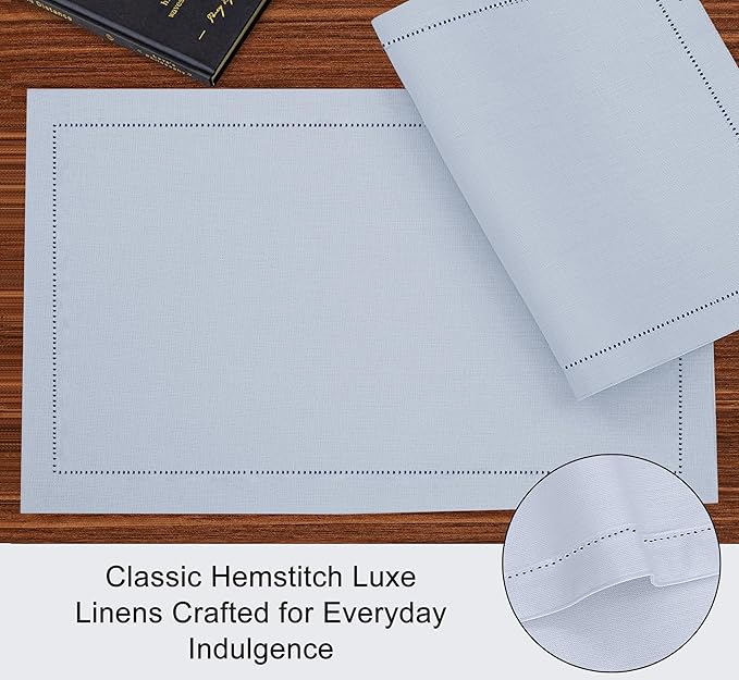 Ruvanti Linen Placemats Set of 6-13x19 Inch, Classic Hemstitch, Heat ‎Resistant Machine Washable Place Mats, Soft & Elegant- Perfect for Christmas, ‎Thanksgiving, Easter, Wedding, Dinner - Arctic Ice
