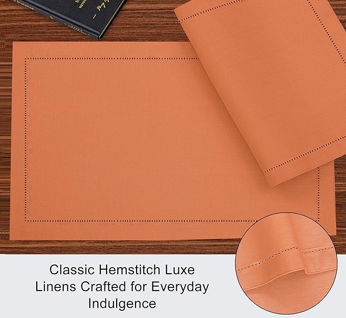 Ruvanti Linen Placemats Set of 6-13x19 Inch, Classic Hemstitch, Heat ‎Resistant Machine Washable Place Mats, Soft & Elegant- Perfect for Christmas, ‎Thanksgiving, Easter, Weddings, Dinner - Orange