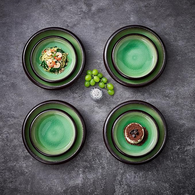 Ceramic Dinner Plates Set of 4, 6 Inch Large Porcelain Pasta and Salad Plates, Stoneware Plate Set for 4, Handmade Round Dishes for Home Decor, Microwave,Oven,and Dishwasher Safe, Green