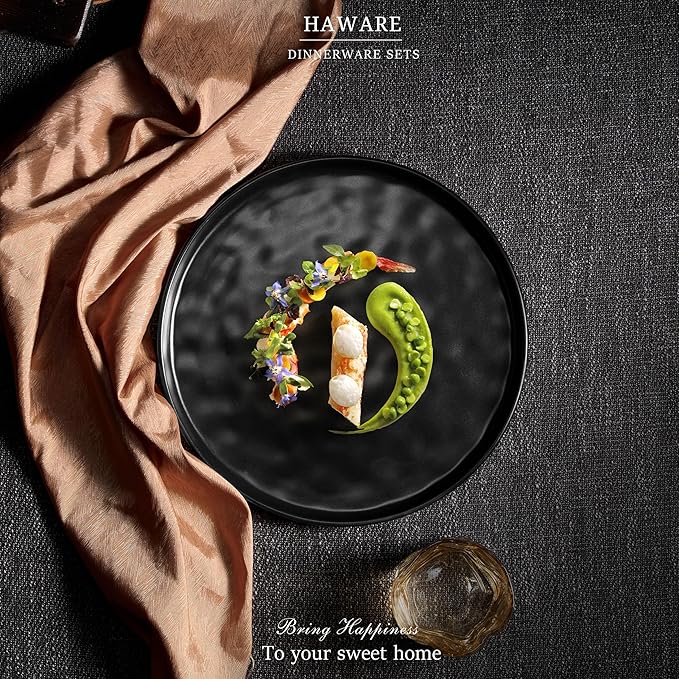 HaWare Stoneware Dinner Plates Set of 6, 10" Heavy Duty Ceramic Plate, Reactive Glaze Ripple Dinnerware for Home Restaurant, Chip and Scratch Resistant, Microwave and Dishwasher Safe, Matte Black