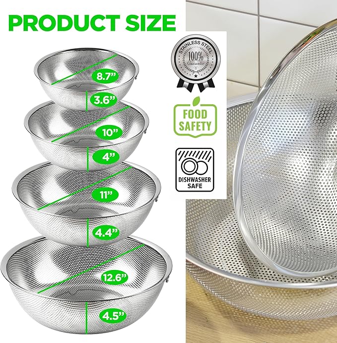 Premium 18/8 304 Stainless Steel Micro-Perforated Small and Big Colander Set of 4 with rings - 3.5-5.5-7.5-9.5 Quart Set, Self-Draining Solid Base for Pasta, Fruits, Vegetables
