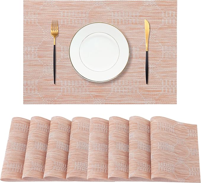 Leetaltree Coral Placemats Set of 8 - Heat Resistant Non-Slip Place mats for Dining Table, Washable Durable PVC Vinyl Woven Table Mats（Coral, 8）
