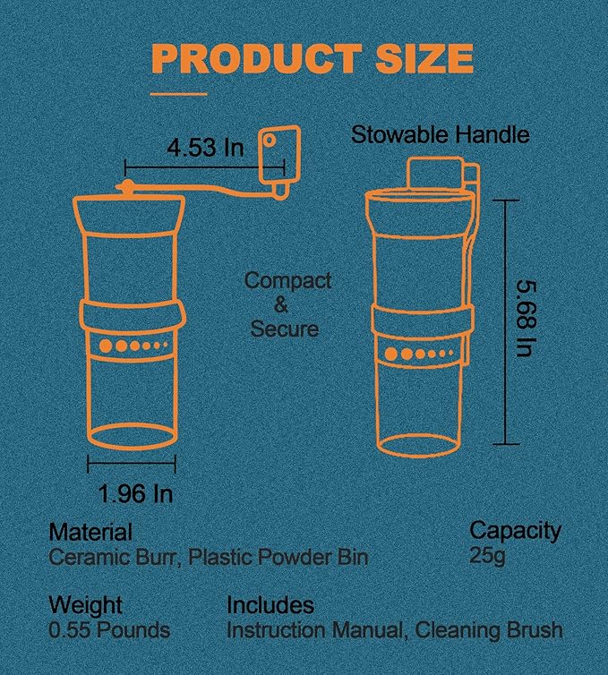 Portable Manual Coffee Grinder for travel - Conical Burr with 5 Adjustable Settings, Hand Crank Bean Mill for Espresso, Pour over, French, Moka - Camping, Hiking, Office & Home, 25g Capacity (Blue)
