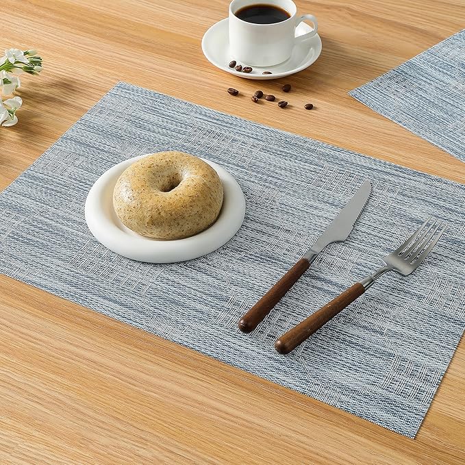 Leetaltree Jacquard Blue Placemats Set of 8 - Heat Resistant Non-Slip Place mats for Dining Table, Washable Durable PVC Vinyl Woven Table Mats(Jacquard Blue, 8)