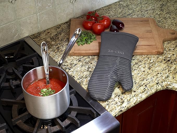 All Clad Silicone Oven Mitt: Heat Resistant up to 500 Degrees - 100% Cotton & Silicone, 14"x7" Oven Mitt for Kitchen and Barbeque, 1-Pack, Pewter
