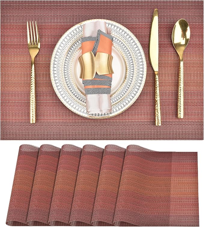 Placemats Set of 6 - Easy Clean Washable Vinyl Placemats - Wipeable Heat Resistant Table Mats for Dining Table - 17.7x11.8 Inch (6, Red Gradient)