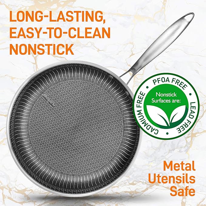 NutriChef 8" Stainless Steel Frying Pan - Triply Kitchenware Stir Fry Pan Kitchen Cookware w/DAKIN Etching Non-Stick Coating, Scratch-resistant Raised-up Honeycomb Fire Textured Pattern - NC3PL8