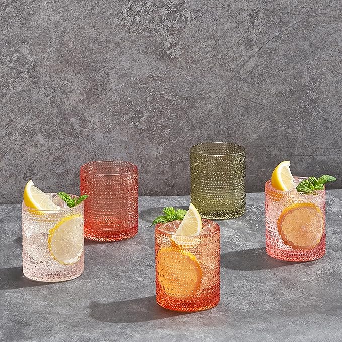 Hobnail Tumbler Drinking Glasses Set | Set of 5 | Vintage Sunset Colored Beaded Hobnails 10 OZ Muted Bubble Whiskey Glassware, Old-Fashioned, Embossed Design Glass Water Wine, Cocktail Glass Set Gift
